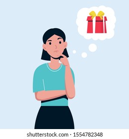 Woman wants to give a good gift. Girl thinks about a present to give her friend. Flat vector isolated character.