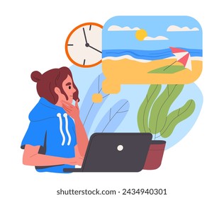 Woman wants to go on vacation. Young girl with laptops dream about coastline with sand. Tropical and exotic countries and islands. Cartoon flat vector illustration isolated on white background