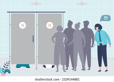 Woman wants to go to toilet and is standing in line. Crowd of people in front of closed doors to restroom. Girl goes to urinate or poop in public toilet. People pooping or urine in lavatory. Vector