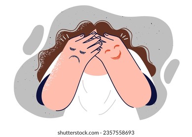 Woman wants to hide emotions and mental state by covering face with hands with positive and negative emoticon. Long-haired girl keeps secret mood and emotions or psychological condition