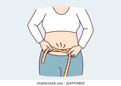 Woman wants to lose extra pounds measures waist size to track result of training. Hands girl with measuring tape to monitor progress after new diet designed to get rid excess weight. Flat vector image