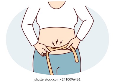 Woman wants to lose extra pounds measures waist size to track result of training. Hands girl with measuring tape to monitor progress after new diet designed to get rid excess weight. Flat vector image