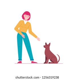 The woman wants to pet the dog. The dog looks at the woman. Color vector illustration