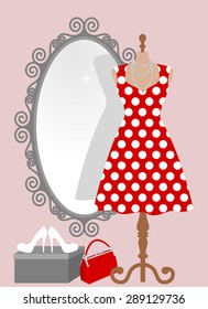 Woman wardrobe accessories set - all occasion pin up red polka dot dress on mannequin in front of decorative vintage frame mirror, lady purse, high heel shoes on box. vector art illustration, isolated