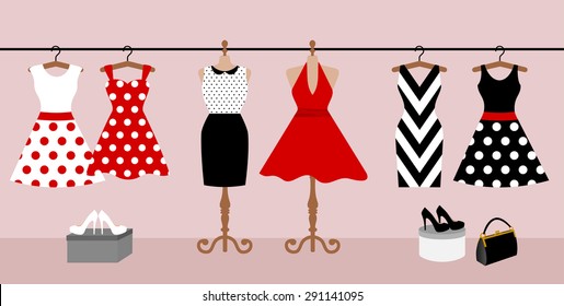 Woman wardrobe accessories set. collection of different red, black and white dresses on hanger and mannequin, lady purse, high heel shoes. fashion boutique. vector illustration, isolated on background