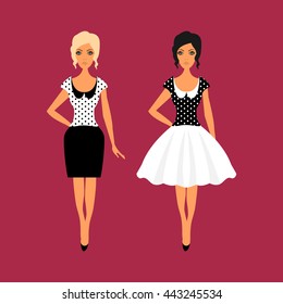 Woman wardrobe accessories set. collection ?of different red, black and white dresses on hanger and mannequin,