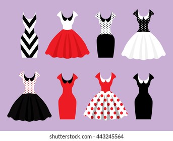 Woman wardrobe accessories set. collection ?of different red, black and white dresses on hanger and mannequin,