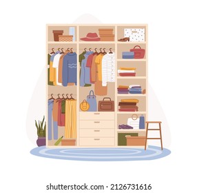 Woman wardrobe or cloakroom with organized clothes and accessories. Vector shelves and hangers with trousers and sweaters, bags and shoes, hats and decorative house plants. Flat cartoon style