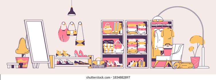 Woman wardrobe concept illustration without people. Outline style, flat yellow and pink colors, stylish clothes and accessories like shoes and handbags. Interior design with large mirror and hangers