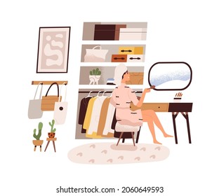 Woman in wardrobe room, sitting at dressing table with mirror in cozy home. Female in bathrobe after bath getting ready to go out. Daily routine. Flat vector illustration isolated on white background