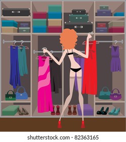 Woman in a wardrobe room. vector, color full, no gradient