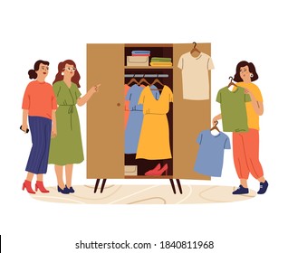 Woman and wardrobe. Styling girl, female try fashion outfits. Female searching clothes in closet, friend choose dress swanky vector concept