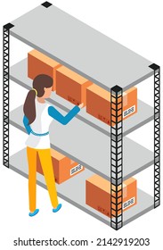 Woman In Warehouse Checking Inventory Levels Of Goods On Shelf. Warehouse With Boxes. Storage Office Utility Room With Delivery Service. Orders, Send To Customer, Boxes With Products And Stickers