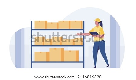 Woman in warehouse checking inventory levels of goods on shelf. vector illustration.