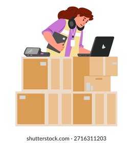 Ilustración vectorial plana del trabajador del almacén de la mujer aislada en blanco. Gerente de mujer trabajando en una computadora portátil en una pila de cajas.