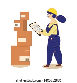 A woman in the warehouse is working on a tablet. Packing boxes on racks. Warehouse worker. Verification of goods accounting and rediscounting. Picker, sorter. Inventory work. Delivery service