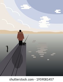 A woman in warm clothes on the shore of the lake fishing with a fishing rod. Vector illustration. A fisherman stands on a wooden pier. View from the back. 