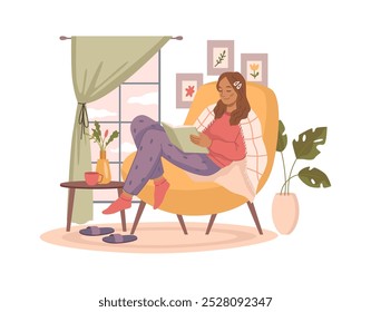 Mujer en ropa de abrigo descansa en el sillón con el libro cerca de la ventana grande. Vector chica tiene descanso en sillón, taza de café o té en la mesa. Personaje de dibujos animados en manta y calcetines, la señora lee la novela