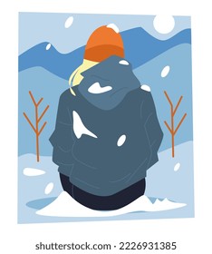 woman in warm clothes sitting in the snow. back view. snow on clothes winter theme. flat vector illustration