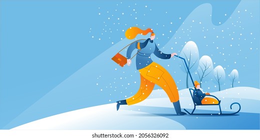 A woman in warm clothes with a sled and a small child is walking. A template for a horizontal banner with a winter theme.