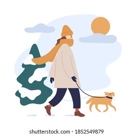 Woman in warm clothes walking dog in snowy winter park isolated on white. Young female character with funny domestic animal outdoors in sunny cold weather. Vector illustration in flat cartoon style