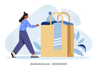 Woman with warm clothing. Young girl near package with blue scarf and hat. Fashion, trend and style. Character with apparel for winter. Cartoon flat vector illustration isolated on white background