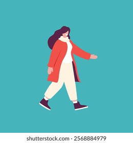 woman in warm winter clothes causually walking. Concept of casual cozy winter clothes for woman. Flat cartoon vector illustration.