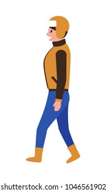 Woman in warm winter clothes side view, female in brown jacket and boots, hat and blue trousers vector illustration poster isolated on white background.