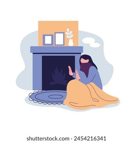 woman warming herself in front of the fireplace flat illustration