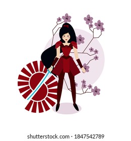 Woman Warrior. Concept Of Woman Power. Japanese Samurai Cuts The Sun. Fighting Stance And Holding Katana Sword Isolated On White Background With Sakura. Brave Female Fighter. Flat Vector Illustration.