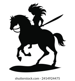 A woman warrior with horse black silhouette vector illustration