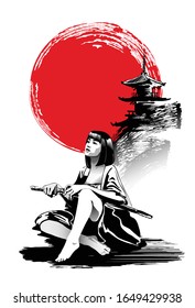 Woman Warrior, Kunoichi is sitting on the background of the pagoda. Vector illustration in traditional oriental style.