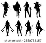 Woman warrior silhouette vector illustration set