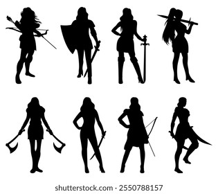 Woman warrior silhouette vector illustration set