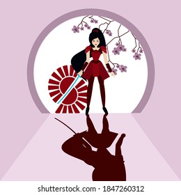 Woman Warrior. Vector Concept Of Woman Power. Japanese 
 Samurai Girl. Fighting Stance And Holding Katana Sword Isolated On Pink Sakura Background. Brave Female Fighter. Flat Illustration.