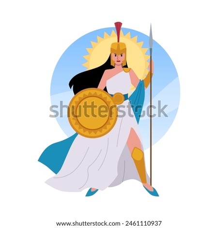 Woman Warrior. Vector illustration in a flat style depicting a woman in a helmet with a spear and shield, against the background of a circle with a blue sky and the sun.