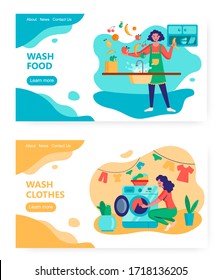 Woman wash fruits and vegetables in kitchen sink. Housewife do laundry and home cleaning. Clothes in washing machine. Concept illustration. Vector web site design template. Landing page website.