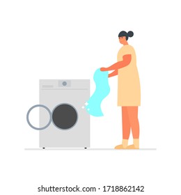 
A woman washed clothes in a washing machine. Fresh clean linen. Cartoon vector illustration