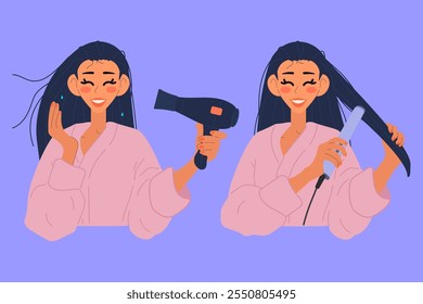 Woman washed her hair and made a styling hair with hair dryer. Isolated vector illustrations.