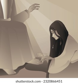 La mujer lavó los pies de Jesús con sus lágrimas. Biblia de dibujos animados. Ilustración para historias de la Biblia.  Historia del Evangelio. Nuevo Testamento. Mateo 26:6-13, Marcos 14:3-9; Lucas 7:36-50; Juan 12:1-8. 