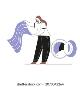 Woman with washed towels and washing machine. Vector illustration in cartoon style. Isolated on a white background.