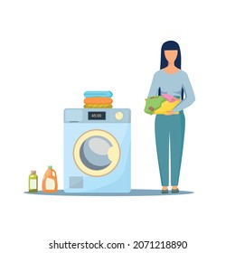 Woman washes clothes. A woman holds a basket of dirty clothes next to a washing machine. cartoon vector.