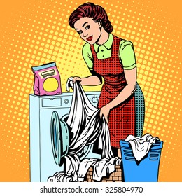 A woman washes clothes in a washing machine pop art retro style. Housewife doing the housework. Clean and tidy