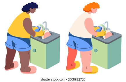 Woman washes dirty dishes in the sink. Household chores. Black person with curly hair. Light-skinned person with curly red hair. Minimalistic flat style cute illustration. Isolated clipart set