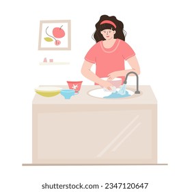 The woman washes dishes - modern colored vector illustration on white background with young girl rubbing a dish in the sink with a cleaning agent with foam. Apartment cleanup and tidying up idea