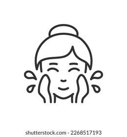 Woman washes face with water, linear icon. Line with editable stroke