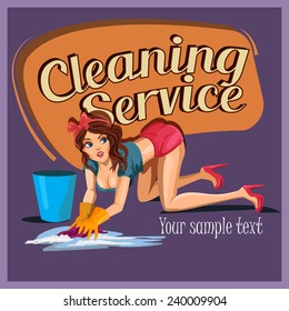 Woman washes the floors. Cleaning service. Vector illustration.