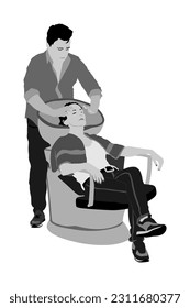 Woman washes hair in beauty salon vector illustration isolated. Hairstylist washing clients hair chair. Hairdresser wash lady head. Barber treatment girl had barbershop. Cosmetic style hygiene care. 