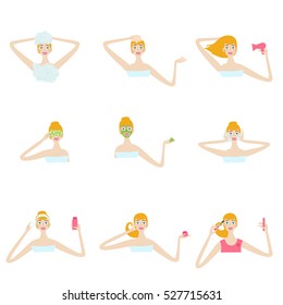 The woman washes the head, dries hair the dryer, does pack mask for face, cream  make-up clears skin washes