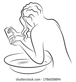 A woman washes her hair on her own with shampoo in a bowl. Vector illustration.